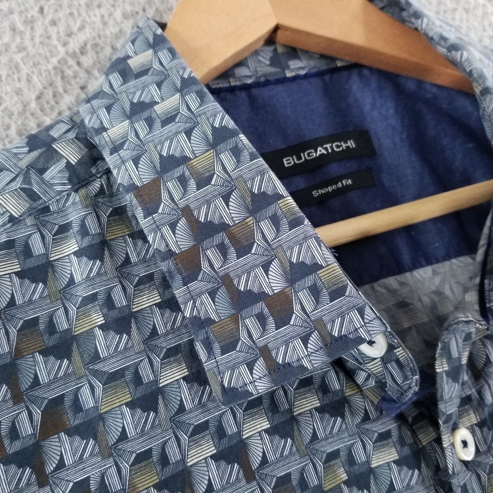 Bugatchi Shirt Mens XL Blue Geometric Shaped Fit Art Deco Button Up Casual